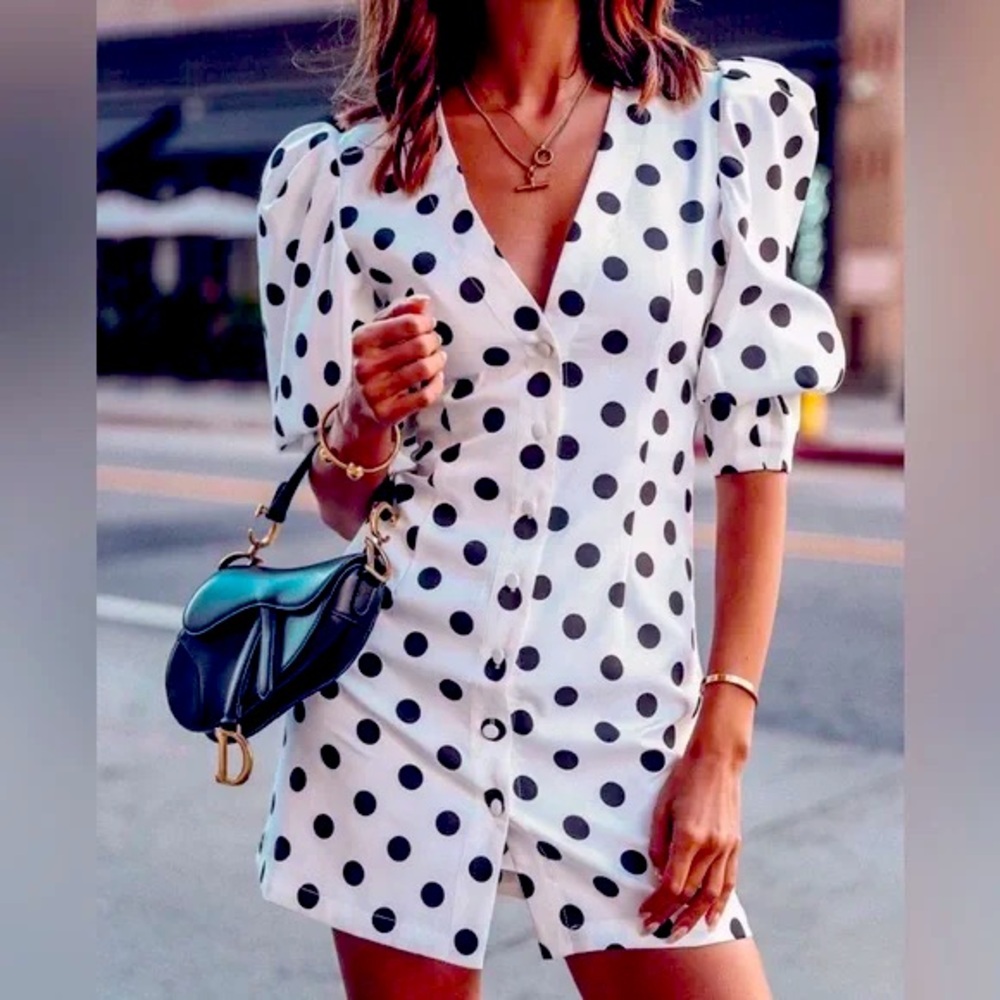 Choosy Black And White Polka Dot Button Up Dress